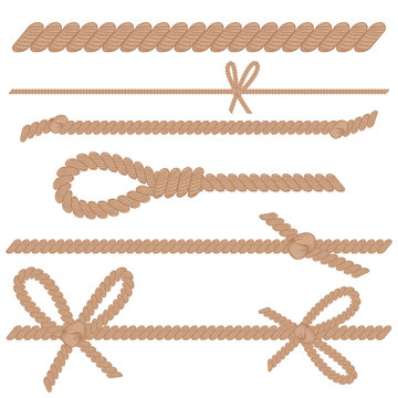 Rope, cord, string with knots, bows and loop vector cartoon set isolated on a white background.