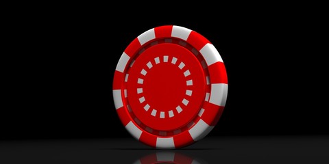 Red color poker chip isolated on black background. 3d illustration