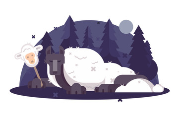 Cartoon wolf in sheeps clothing flat poster