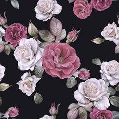 Floral seamless pattern with watercolor white roses