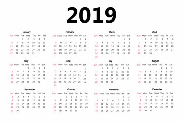 Calendar 2019 template. Week starts on Sunday. Simple style