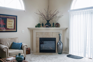 Corner Fireplace with Tan Tile