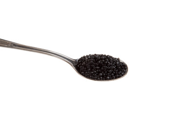 black caviar in spoon, isolated on white