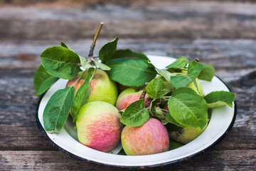 Organic apples on wooden table