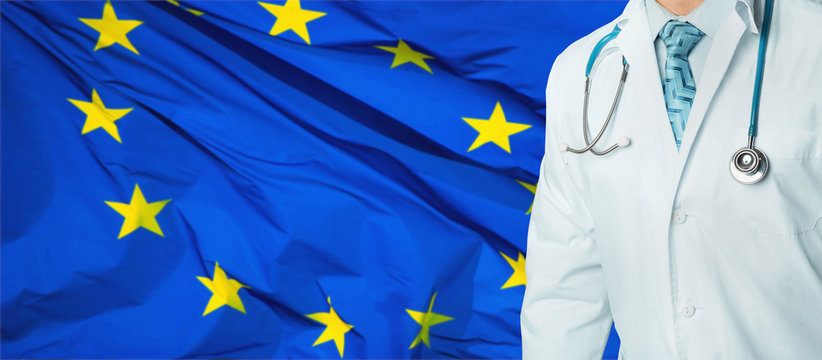 Concept of national health care and medicine system in EU. Confident professional doctor in white coat with stethoscope