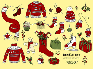 Set of hand drawn marry Christmas And happy New Year Vector elements. Cute Winter Doodle. Sketch isolated illustration. Cozy cartoon knitted sweater, scarf, hat, mittens, Skates, pancake gingerbread.