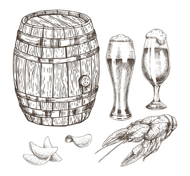Wooden Keg Beer Goblets and Appetizer Graphic Art