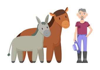 Donkey Horse Farmer with Hat Vector Illustration