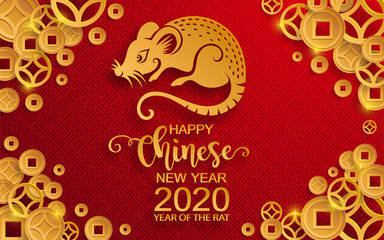 Happy chinese new year 2020 Zodiac sign with gold rat paper cut art and craft style on color Background.( Chinese Translation : Year of the rat )