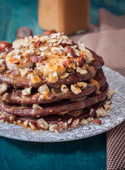 hocolate ancakes with banana, walnut and caramel for a breakf