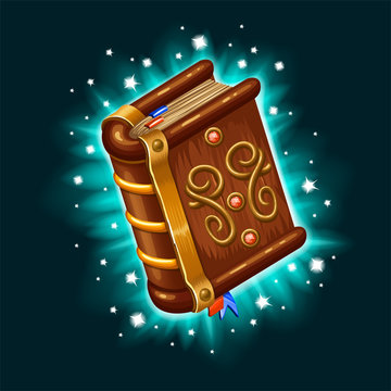 Isometric Book Of Magic Spells And Witchcraft For Computer Game. Fairy Tale Icon In Cartoon Style. Vector Illustration.