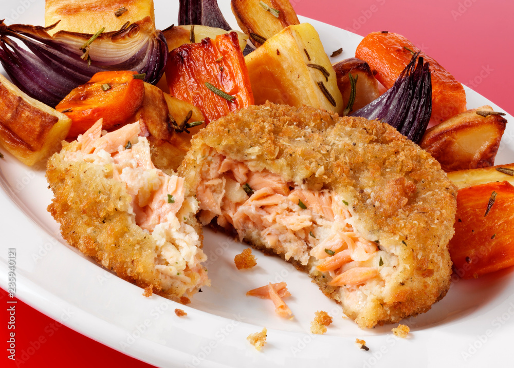 Poster SALMON FISHCAKES WITH ROAST VEGETABLES