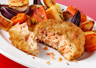 SALMON FISHCAKES WITH ROAST VEGETABLES