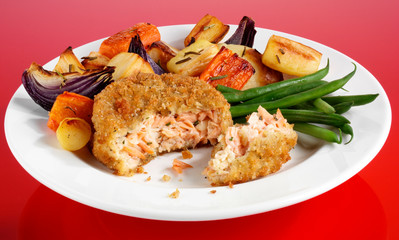 SALMON FISHCAKES WITH ROAST VEGETABLES