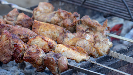 Street food, grilled meat on a spit. Homemade.