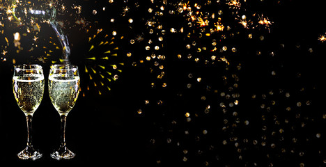 Champagne with firework background. Free space for text.