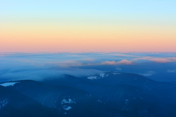 Sunset in the mountains in winter