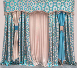 Decoration of the interior of the living room in the classical, palace style. Curtains of dense fabric with blue ornaments, the pelmet, and the tulle © fotiy