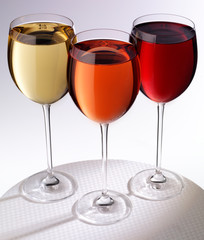 THREE GLASSES OF RED,WHITE AND ROSE WINE