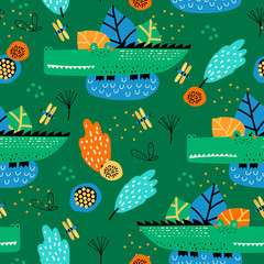 Seamless pattern with cute alligator and tropical plants. Vector texture in childish style great for fabric and textile, wallpapers, backgrounds. Creative jungle childish texture.