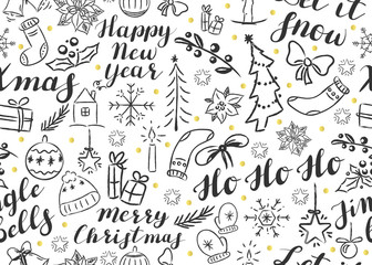 Seamless Christmas pattern with lettering and doodles