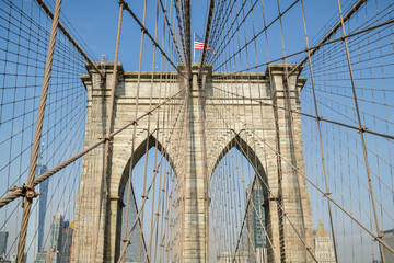 Brooklyn bridge with typical New York City skyline