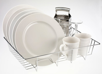 DISH RACK WITH CLEAN WASHED DISHES - obrazy, fototapety, plakaty