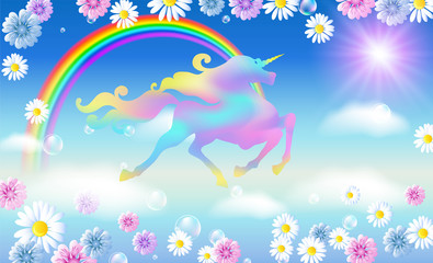 Rainbow in the sky and galloping unicorn with luxurious winding mane against the background of the iridescent universe with flowers