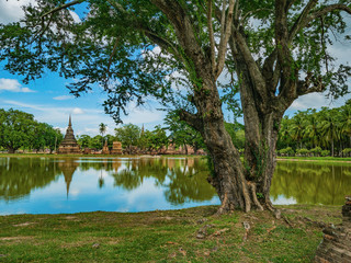 Ruin of Pagoda and statue reflection in the water and nature At sukhothai historical park,Sukhothai city Thailand