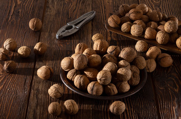 Shelled walnuts. On a wooden table. Top view