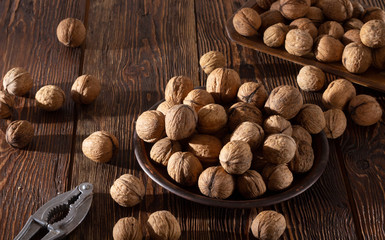 Shelled walnuts. On a wooden table. Top view