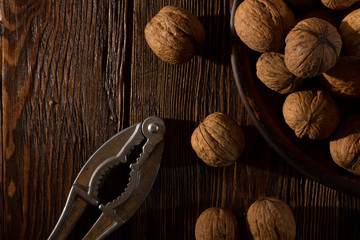 Shelled walnuts. On a wooden table. Top view