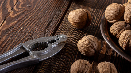 Shelled walnuts. On a wooden table. Top view