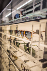 Eyewear display stand full of luxury glasses in Cagliari,Sardegna on November 2018