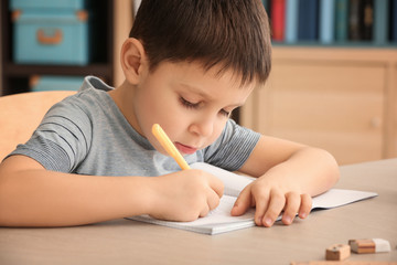 Cute little boy doing homework indoors