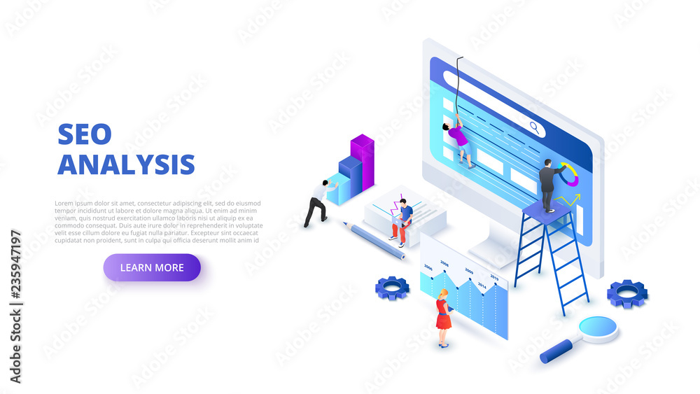 Poster Seo analyses and optimization design concept with people. Isometric vector illustration. Landing page template for web.