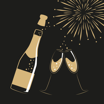 champagne bottle glasses and firework for party and celebration vector illustration EPS10