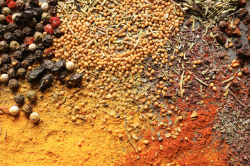 Different aromatic spices as background, top view