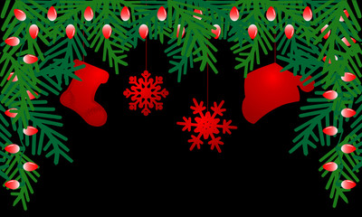 Black background with red christmas decorations. Branches christmas tree with red holiday lights. Merry Christmas and Happy New Year.