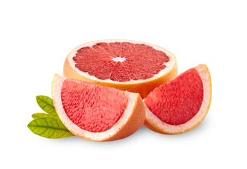 Grapefruit with leaves  isolated. Slice isolated on white background.