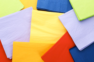 Many colorful paper napkins as background, top view