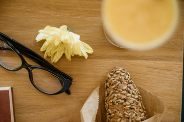 Breakfast And Juice On A Wooden Table