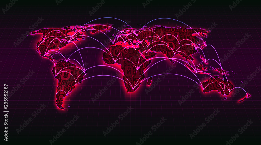 Poster abstract world map from digital binary code on a grid background, global internet transactions betwe