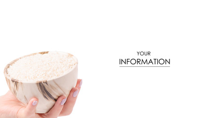 Rice croquet in a pial plate female hands pattern on a white background isolation