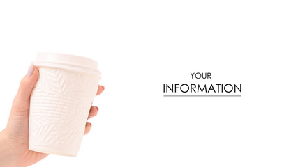 A cardboard cups of coffee snowing winter Christmas with snowflakes in hand pattern on a white background isolation