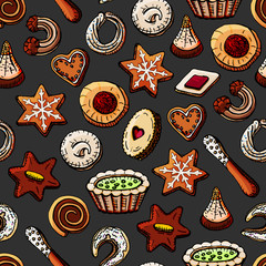 Hand-painted Christmas seamless texture with sweet desserts and cookies.