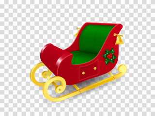 Christmas sleigh of Santa Claus with gold skids decorated with holly leaves and berries and golden bells. Realistic Vector Illustration in traditional colors isolated on transparent background.