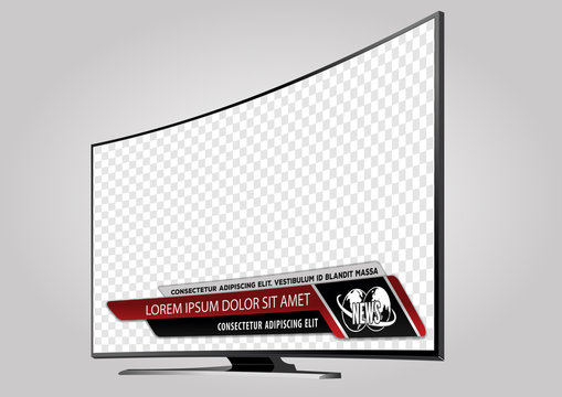 Curved TV screen lcd, plasma with news bars for Video headline title or lower third. Isolated on transparent background. Mock Up Template.
