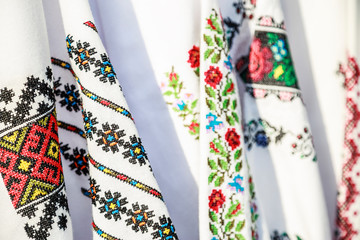 Close-up Romanian traditional embroidery on costumes