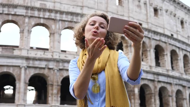 Travel Photography, Tourism, Technology. Woman Blogger Taking Selfie Photo Using Smartphone.